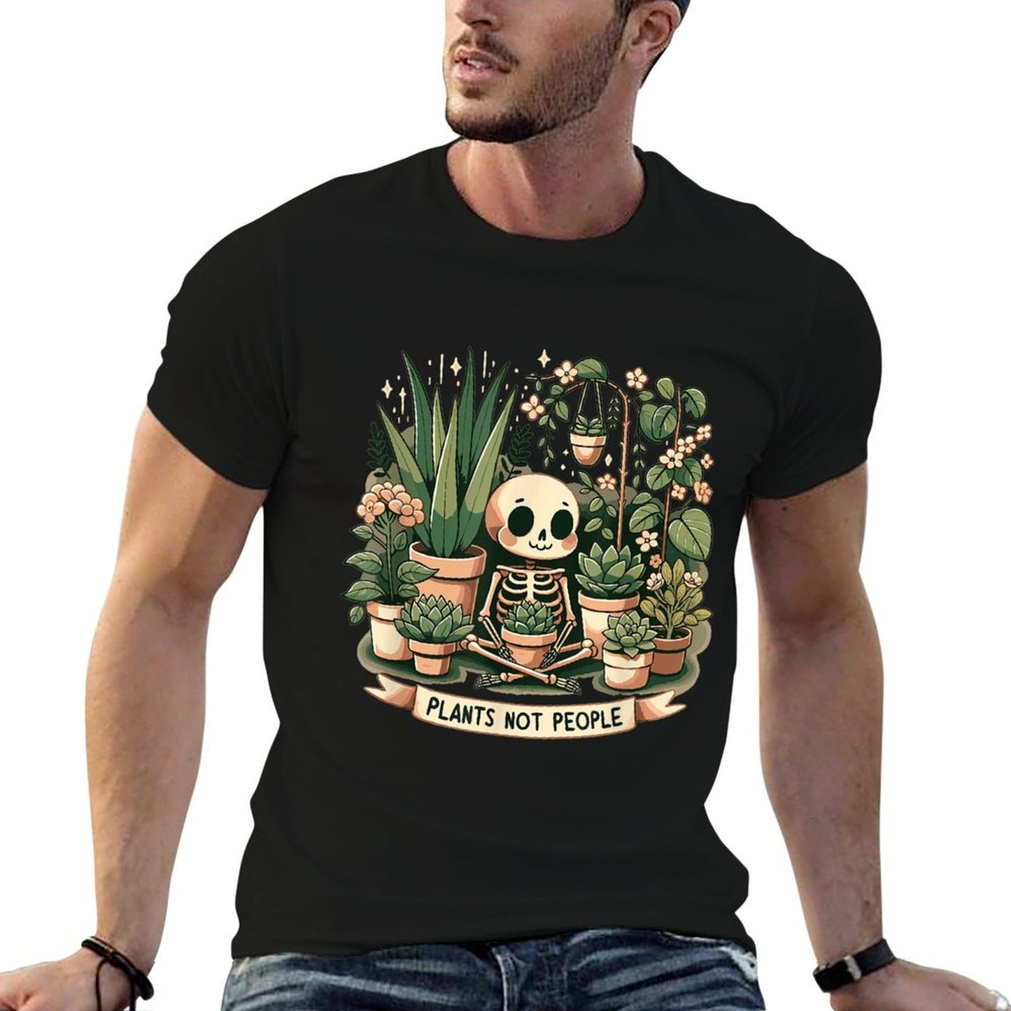Plant Lover Skeleton Design - Plants Not People High-quality Stitching T-Shirt