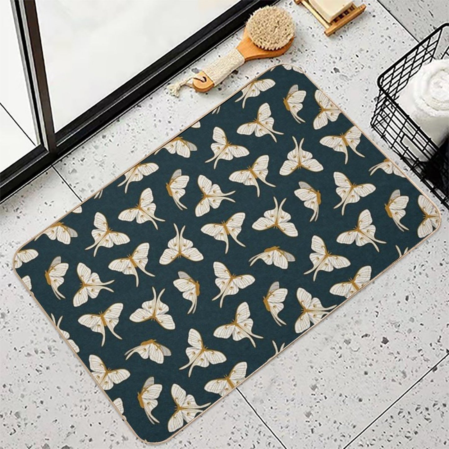 Luna Moth - Gold on Dark Teal  Easy To Clean Bath Mat