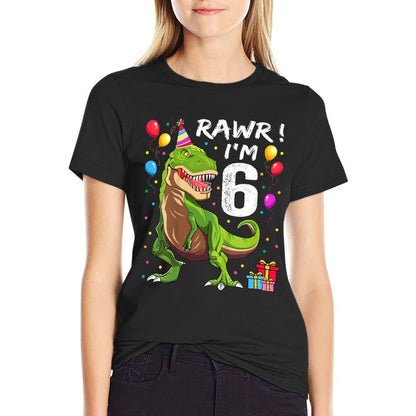 Kids 6 Year Old 6th Birthday Boy T Rex Dinosaur  Cotton T-Shirt