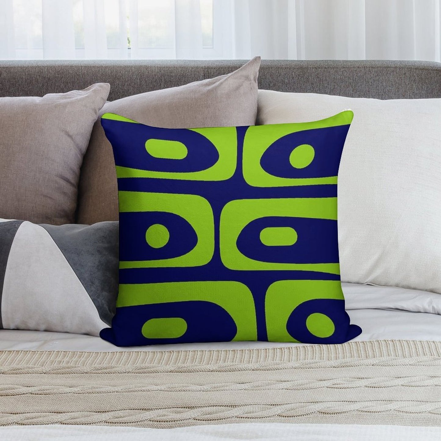 Mid Century Modern Piquet Abstract Pattern in Bright Navy Blue And Lime Green Soft Shrink-Resistant Throw Pillow