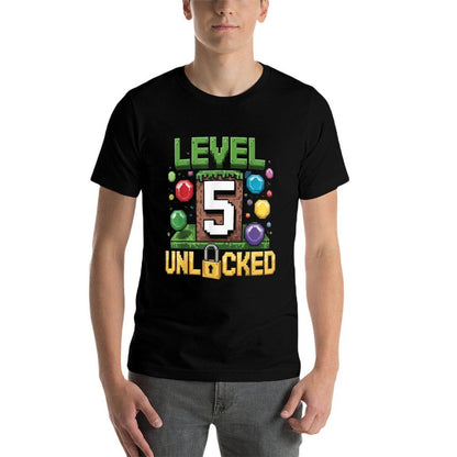 Birthday Boy Level 5 Unlocked 5th Birthday Game Pixel  Cotton T-Shirt