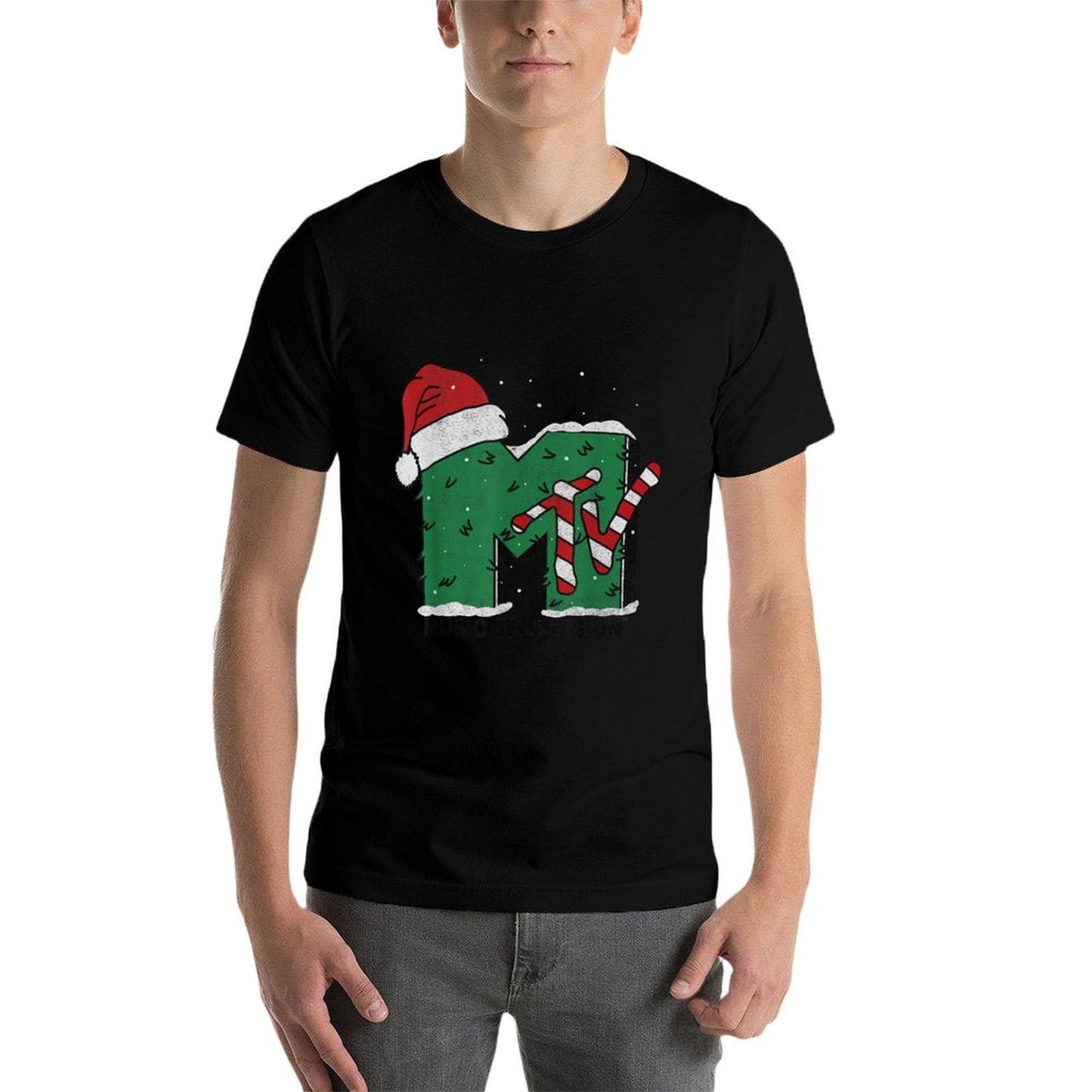 MTV Logo Christmas Tree Santa Hat Colors Graphic  Rolled Sleeves T-Shirt
