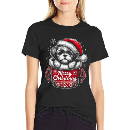 Merry Christmas Shih Tzu Graphic  Summer-ready Fabric T-Shirt