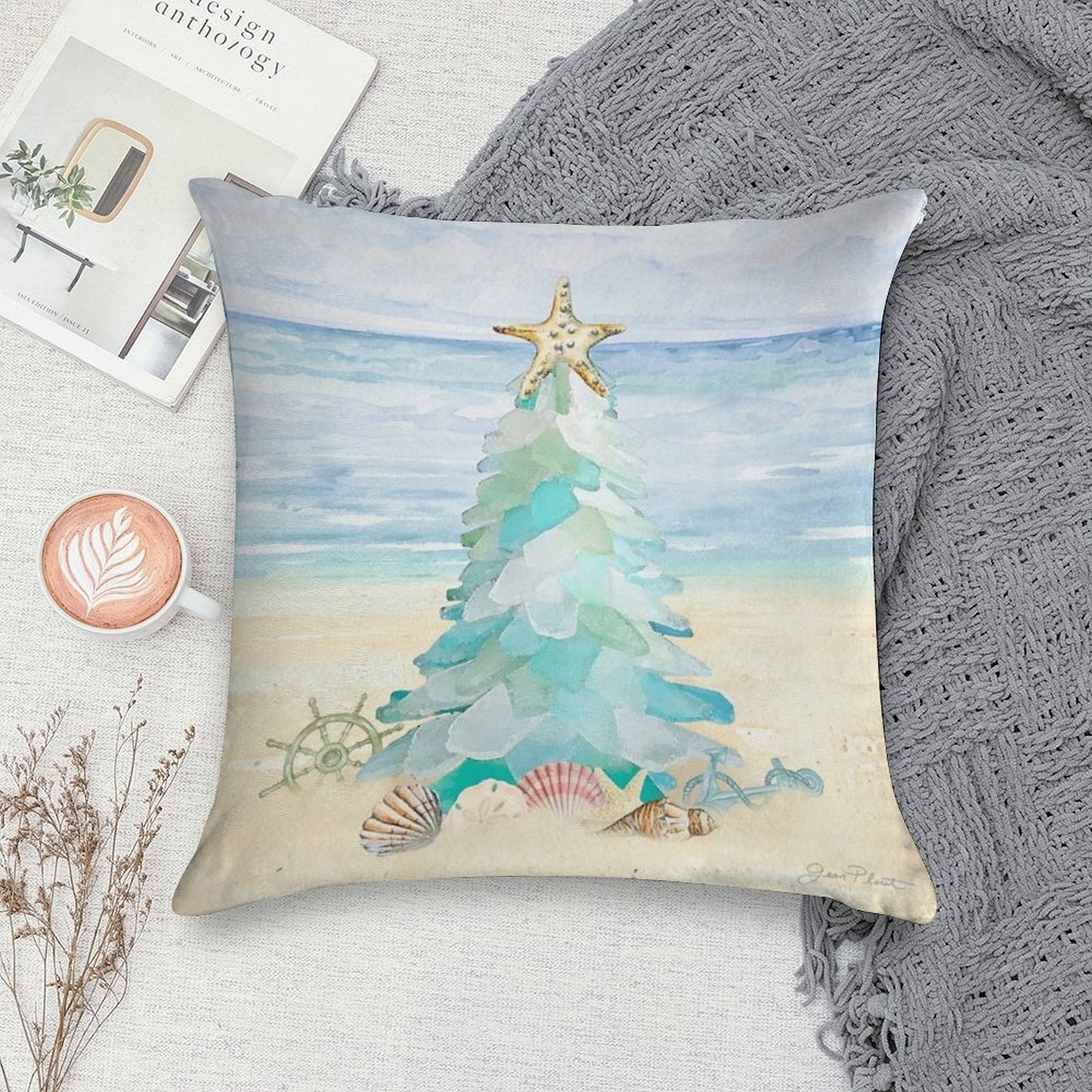 Coastal Seaglass Christmas Tree B Soft Bedroom Essential Throw Pillow