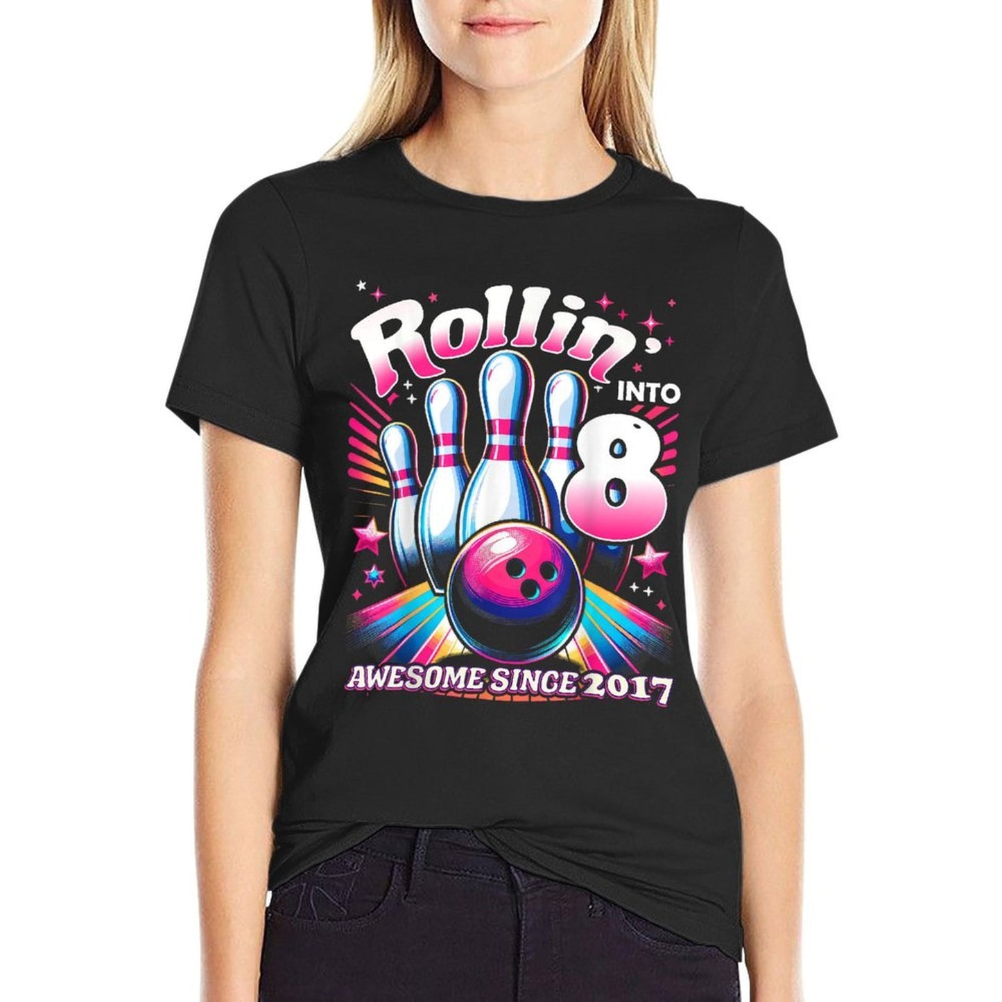 Bowling Party Rollin' 8 Awesome 2017 8th Birthday Girls  Summer-ready Fabric T-Shirt