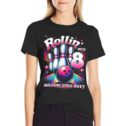 Bowling Party Rollin' 8 Awesome 2017 8th Birthday Girls  Summer-ready Fabric T-Shirt