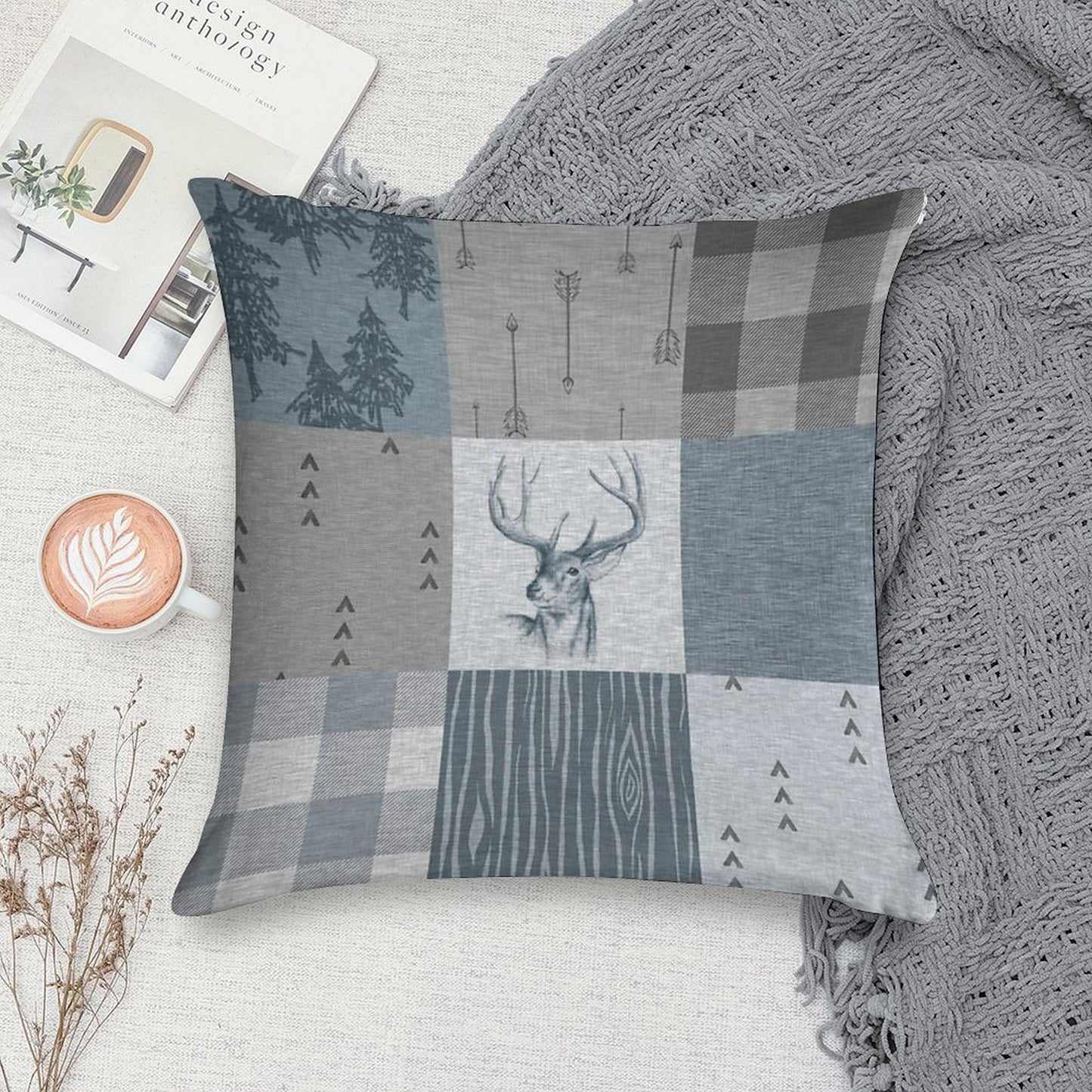 Deer Patchwork - Rustic Blue And Grey Soft Ultra-Soft Texture Throw Pillow