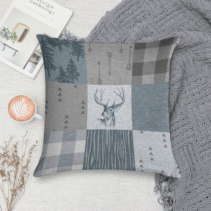 Deer Patchwork - Rustic Blue And Grey Soft Ultra-Soft Texture Throw Pillow