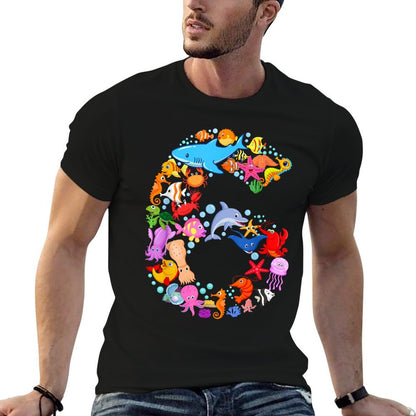 Under Sea 6 Six Year Kids 6th Birthday Party Ocean Animals  Cotton T-Shirt