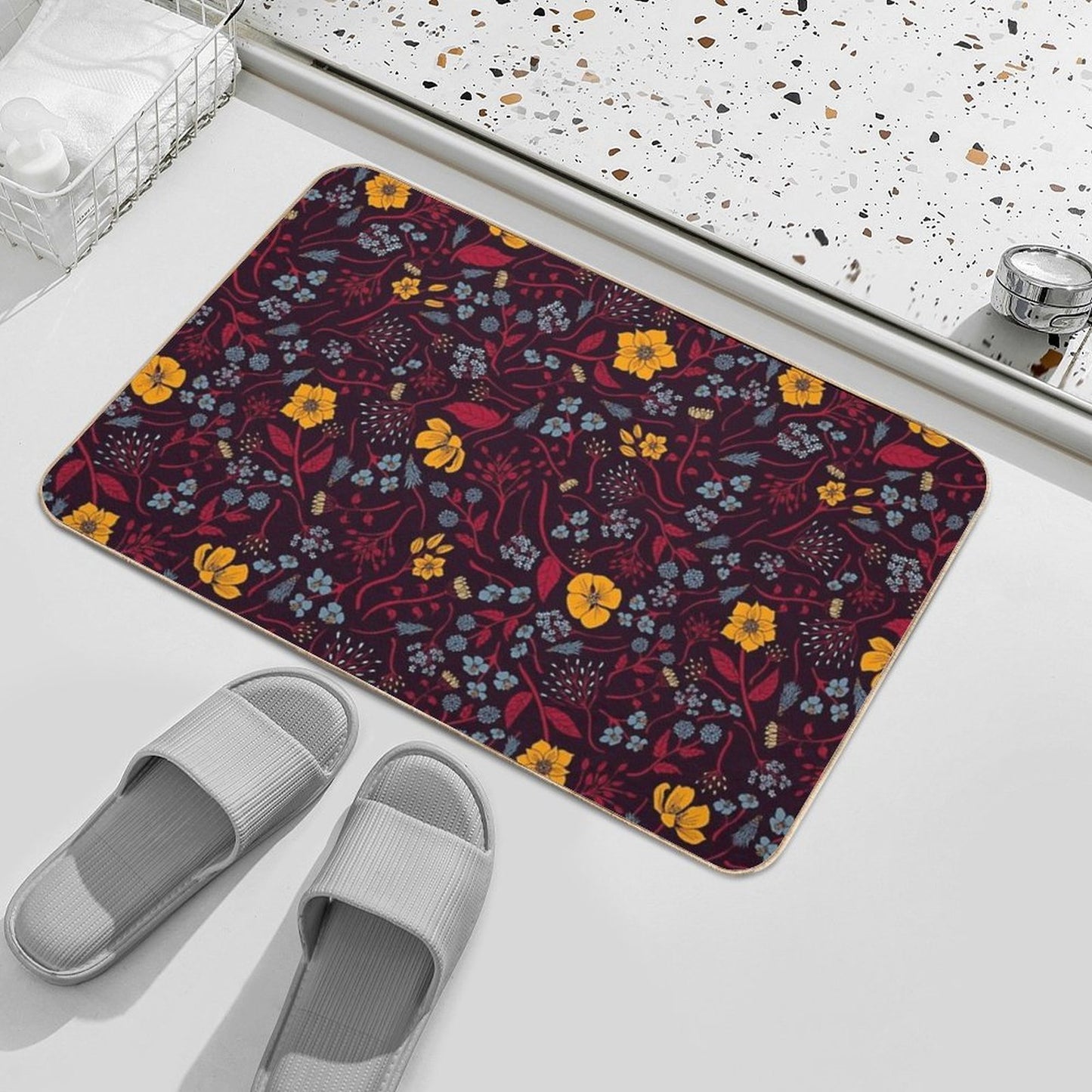 Mustard Yellow, Burgundy & Blue Floral Pattern  Easy Maintenance Bath Mat