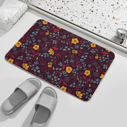 Mustard Yellow, Burgundy & Blue Floral Pattern  Easy Maintenance Bath Mat