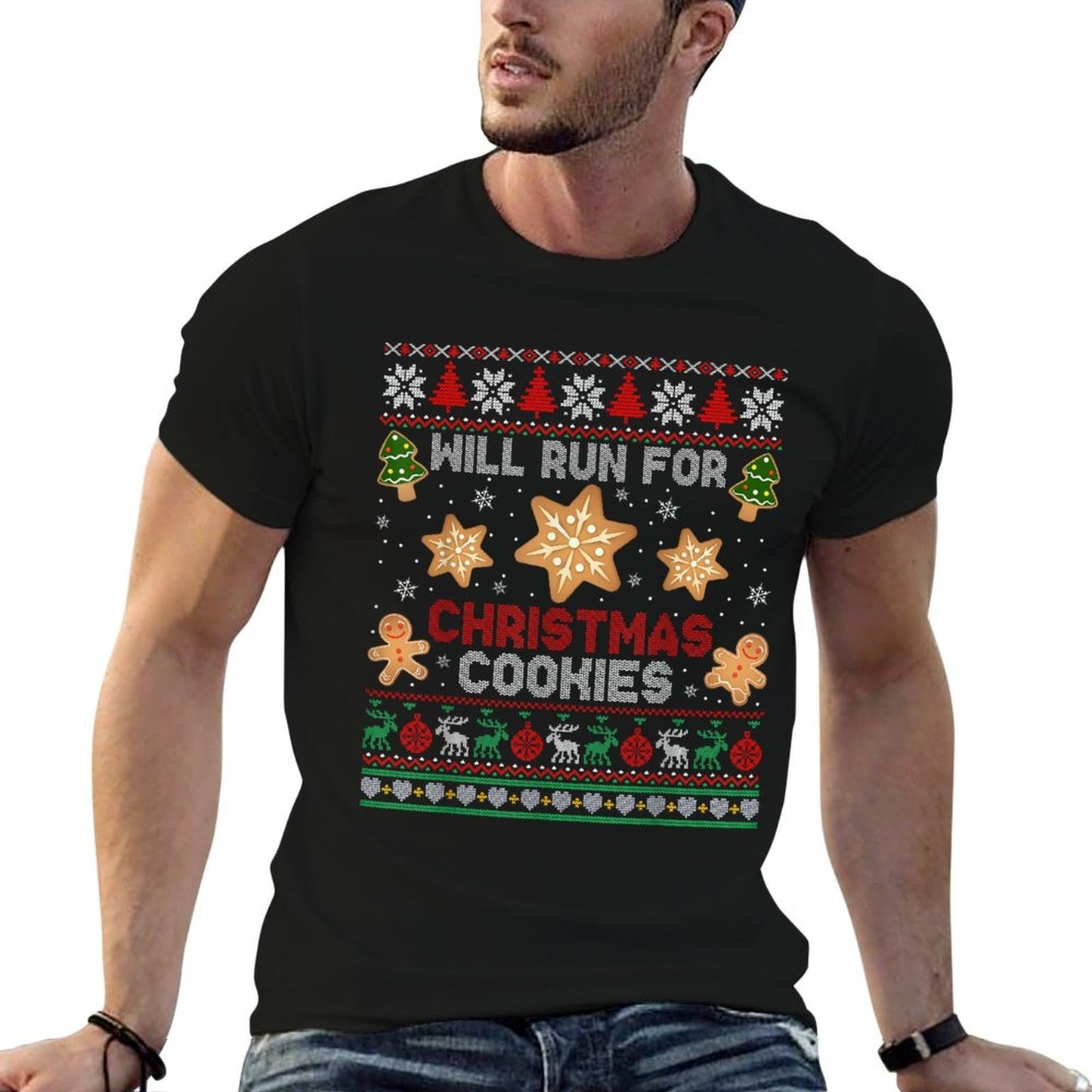 Will Run For Christmas Cookies Gingerbread Lover Ugly Xmas  Slim-fit Cut T-Shirt