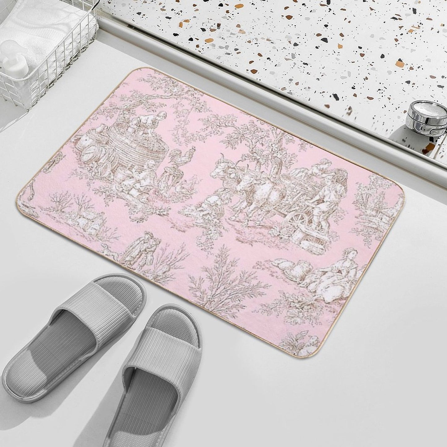 French Country Pink Toile  Anti-Trip Bath Mat