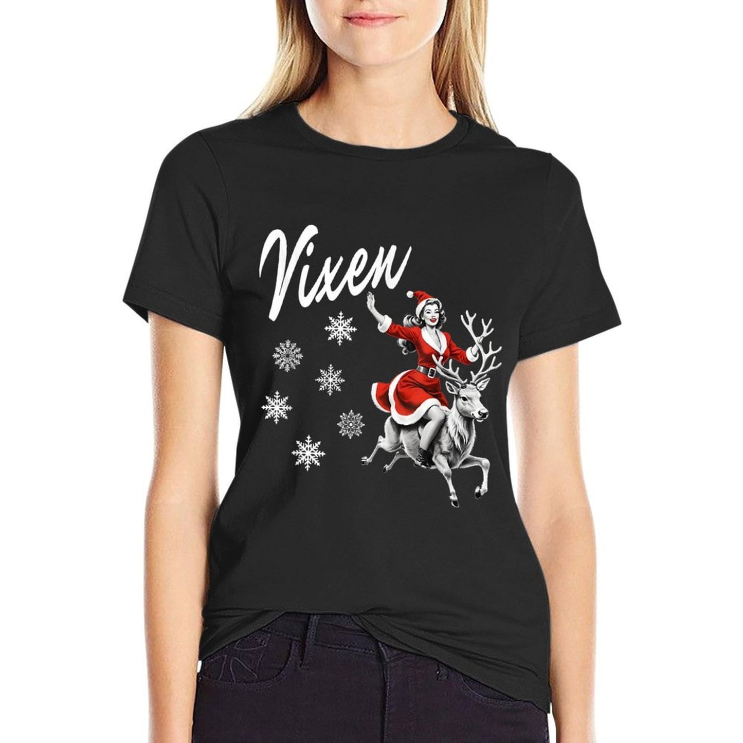 Vixen Reindeer Retro Sexy Pin Up Girl Funny Christmas Party  Wrinkle-resistant T-Shirt