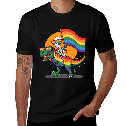 Gay Skeleton Riding Dinosaur Rainbow Gay Pride Month LGBTQ  Graphic-printed T-Shirt