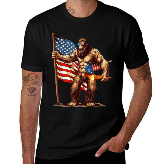 Bigfoot Fireworks 4th of July Men Sasquatch American US  Ribbed Collar T-Shirt