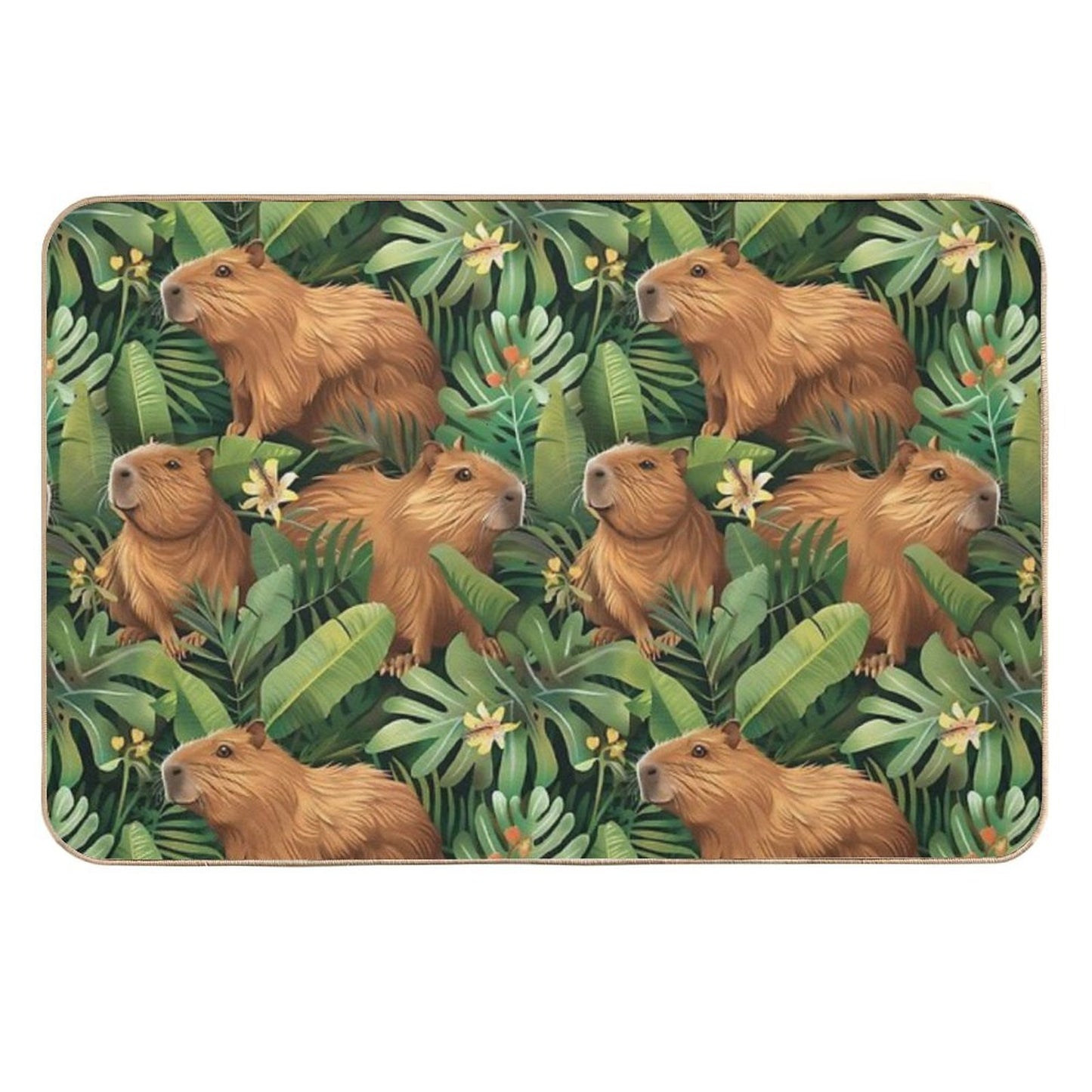 Cute Capybaras Frolic Amidst Lush Tropical Plants  Absorbent Bath Mat