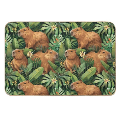 Cute Capybaras Frolic Amidst Lush Tropical Plants  Absorbent Bath Mat