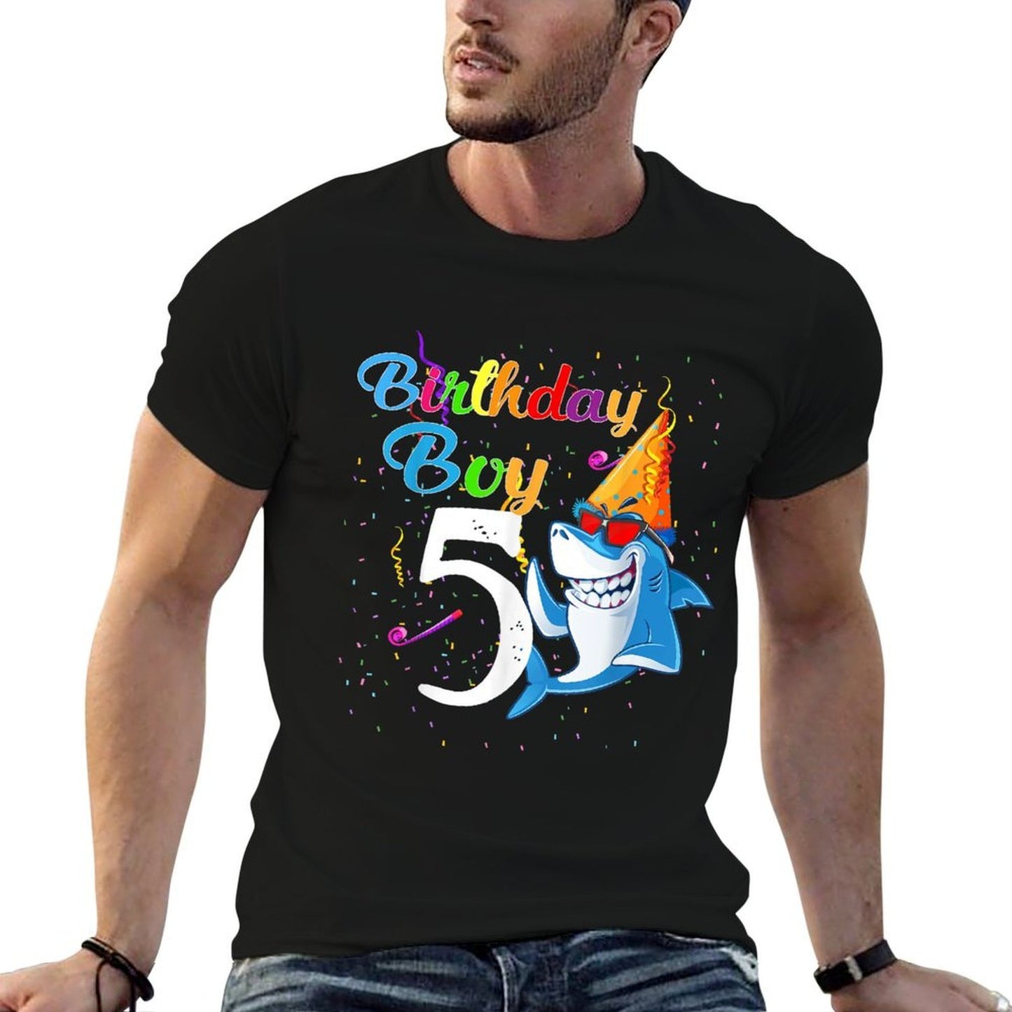 5th Birthday Boy Shark Tshirts - 5 Year Old Boy Birthday  Tagless Design T-Shirt