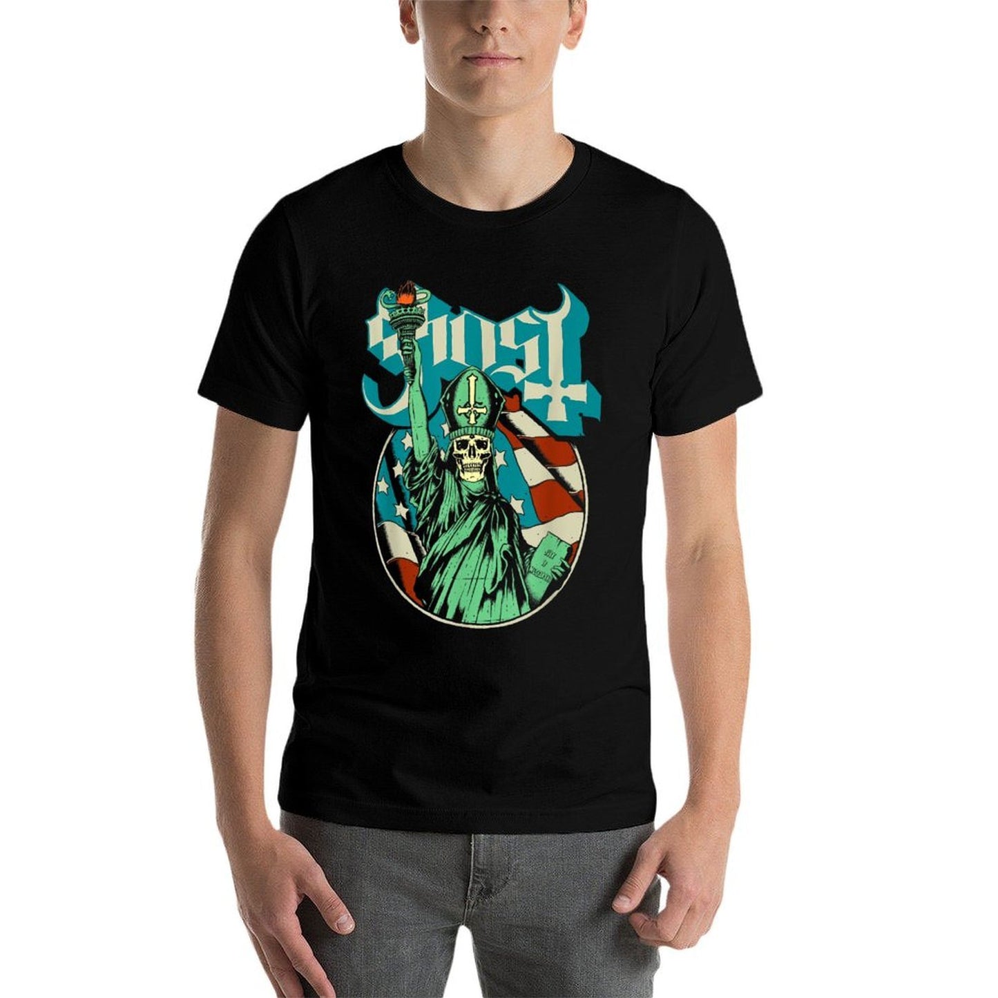 Ghost - Blue Statue Stars And Stripes  Polyester Blend T-Shirt