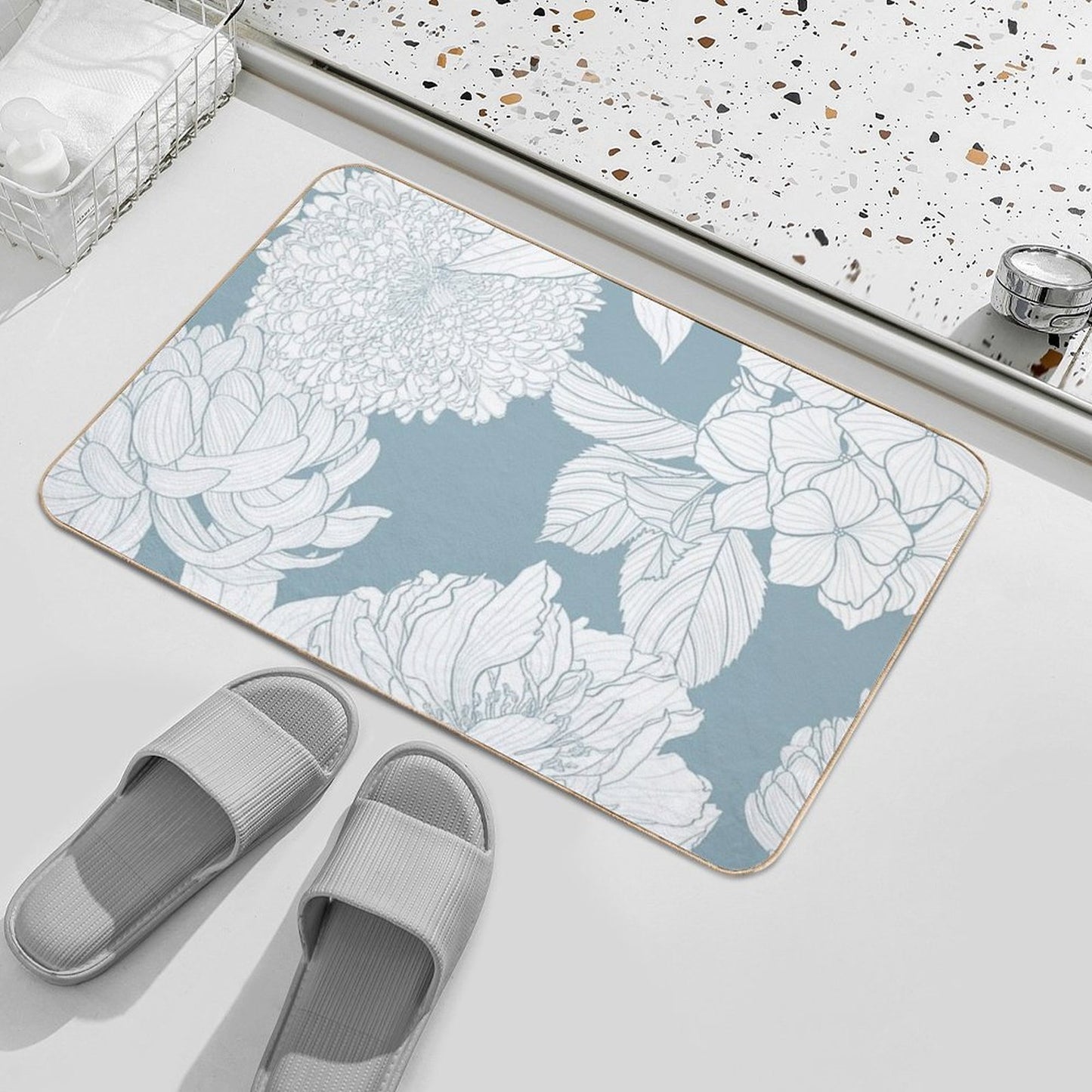 Garden Flower Illustration. Line  Vintage Seamless Pattern.  Chrysathemum, Hydrangea, Peony Spring Line Illustration. Durable Bath Mat