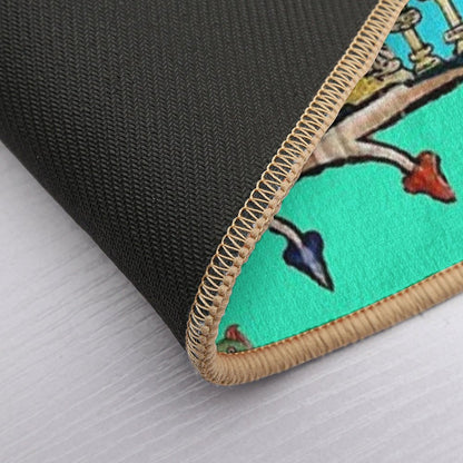 WEIRD MEDIEVAL BESTIARY MAKING MUSIC,White Rabbit And Dog Playing Organ, Harpist Hare, Snail Cat in Blue  Anti-Trip Bath Mat