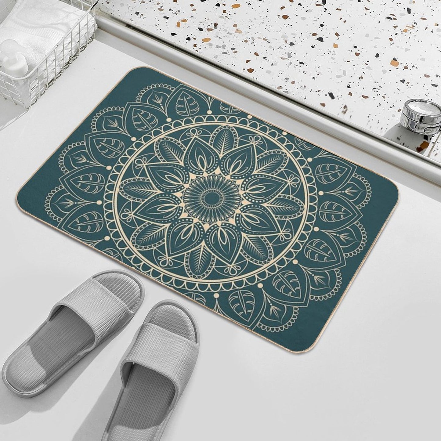Petrol-Green And Yellow Mandala I  Dirt-Trapping Bath Mat