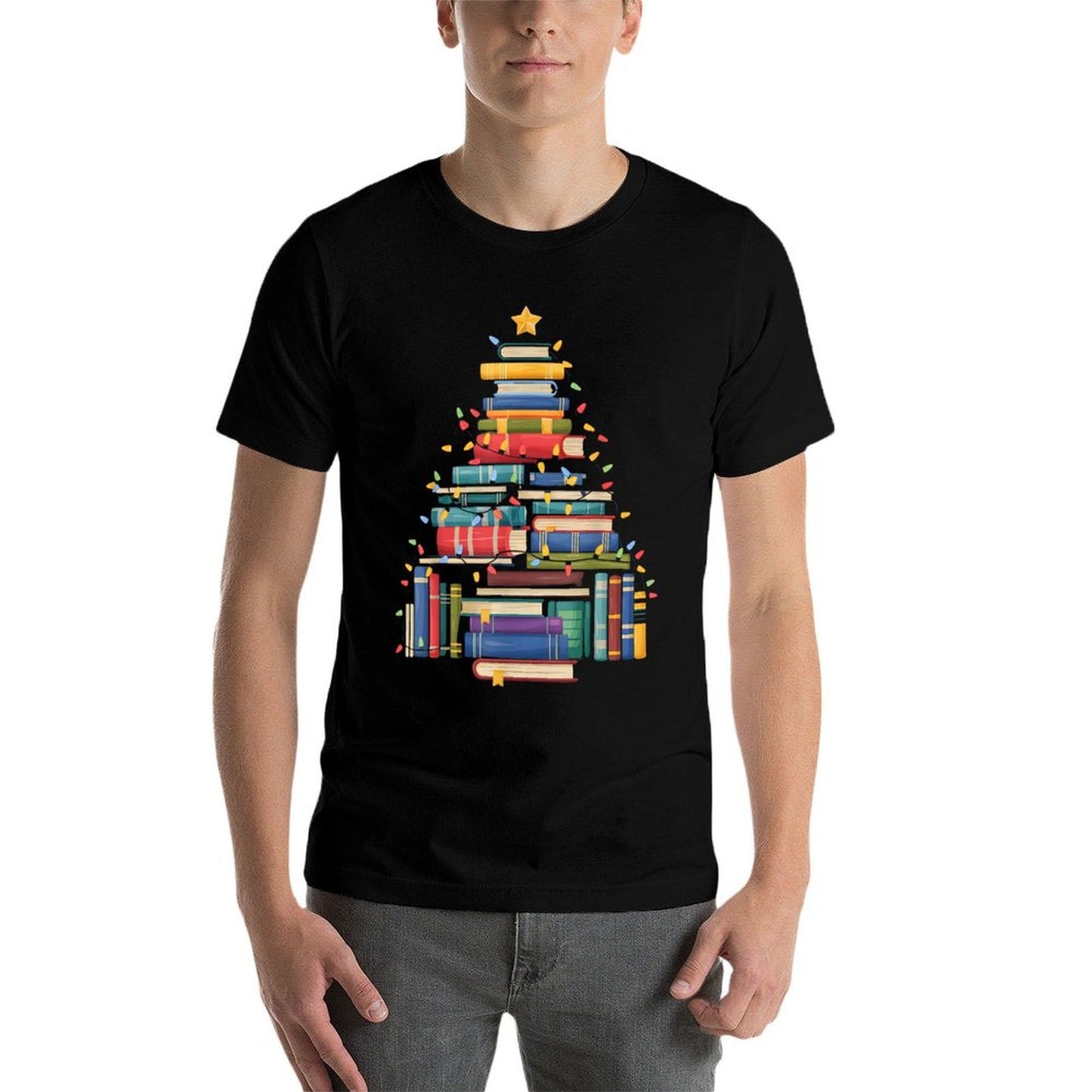 Funny Christmas Tree Made of Books Librarian Reader Holiday  Fade-proof Color T-Shirt