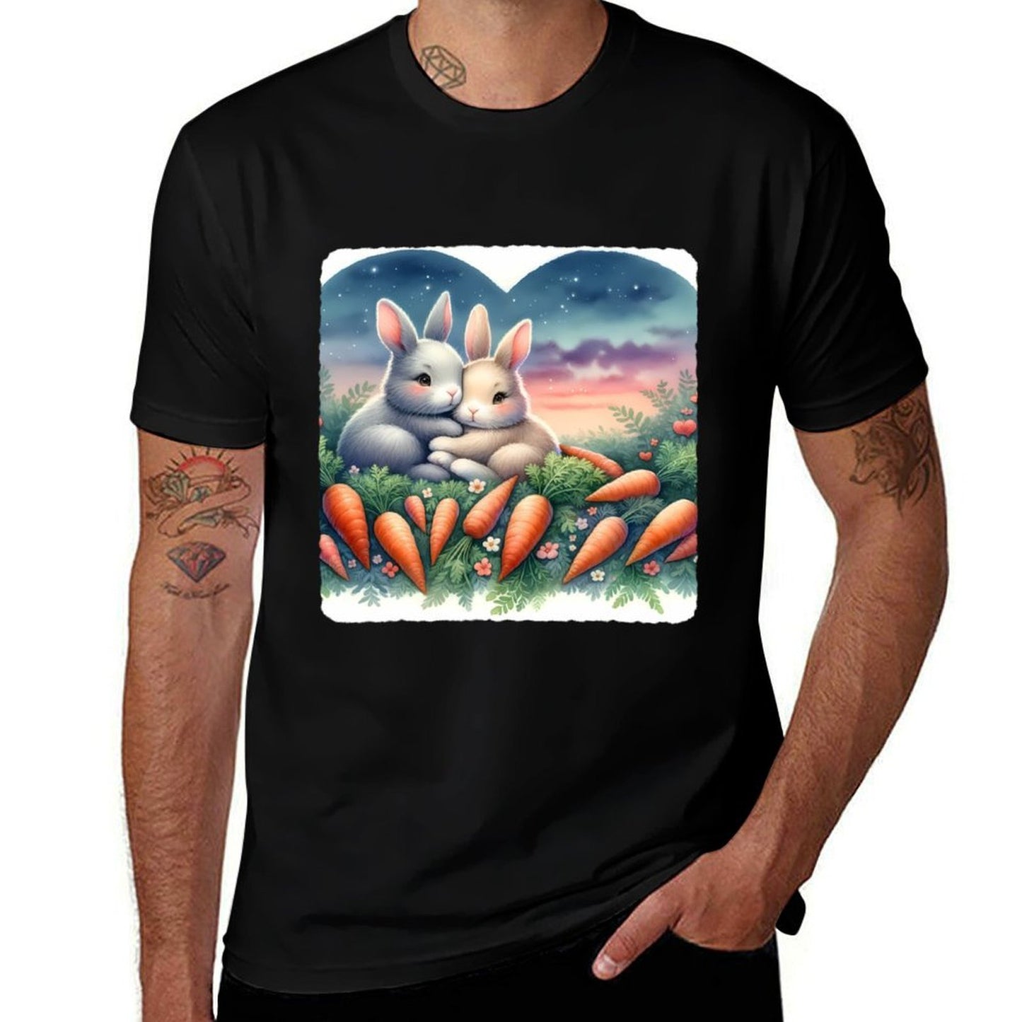 Rabbits Snuggle Among Heart-Carrots, Dusk  Easy-care T-Shirt