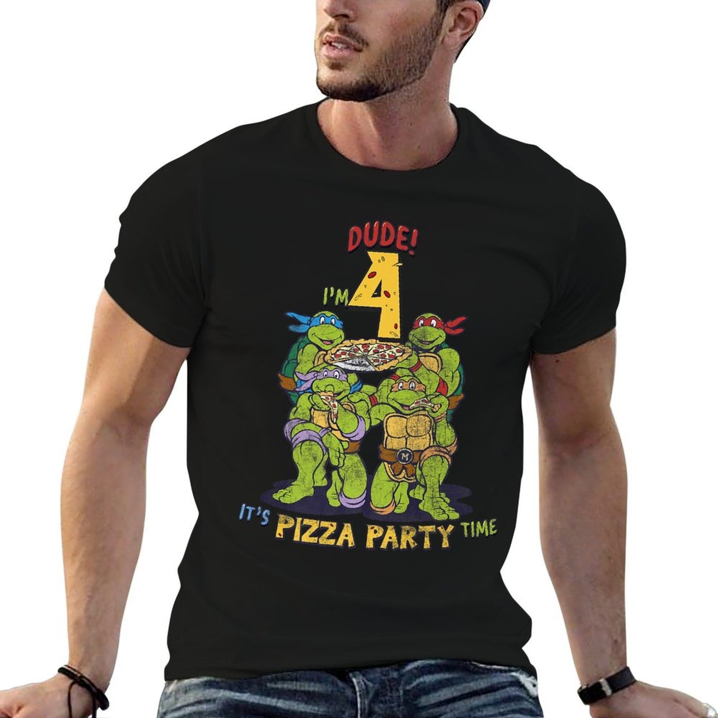 Teenage Mutant Ninja Turtles I'm 4 Dude Pizza Birthday Party Premium  Slim-fit Cut T-Shirt