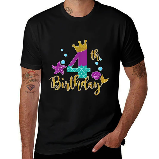 Birthday Mermaid T For 4 Years Old Gift For Girls  Ribbed Collar T-Shirt