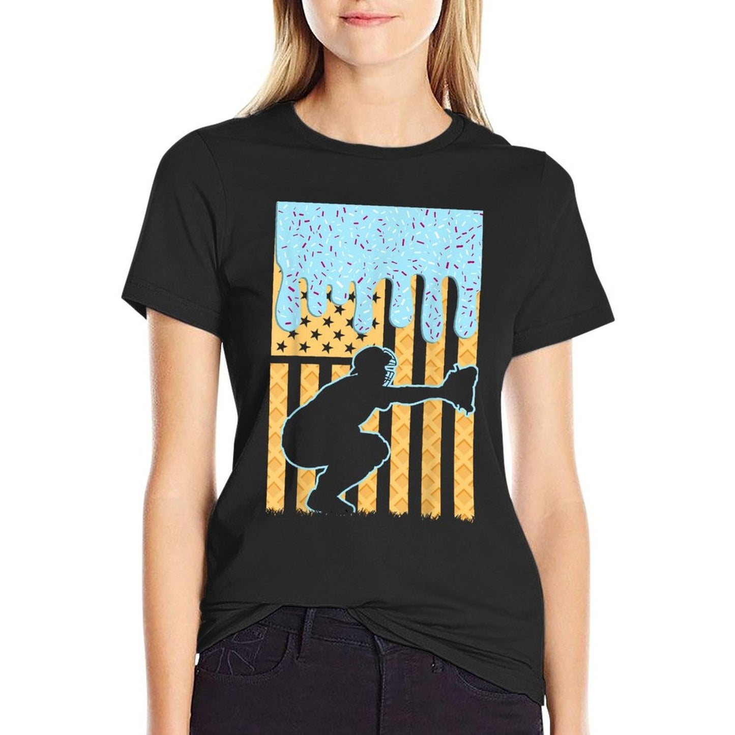 Ice Cream Baseball Drip Boys Catcher American 4th July  Rolled Sleeves T-Shirt