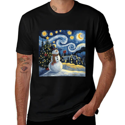 Van Gogh Starry Night Christmas Snowman Winter Snowy Night  Moisture-wicking T-Shirt