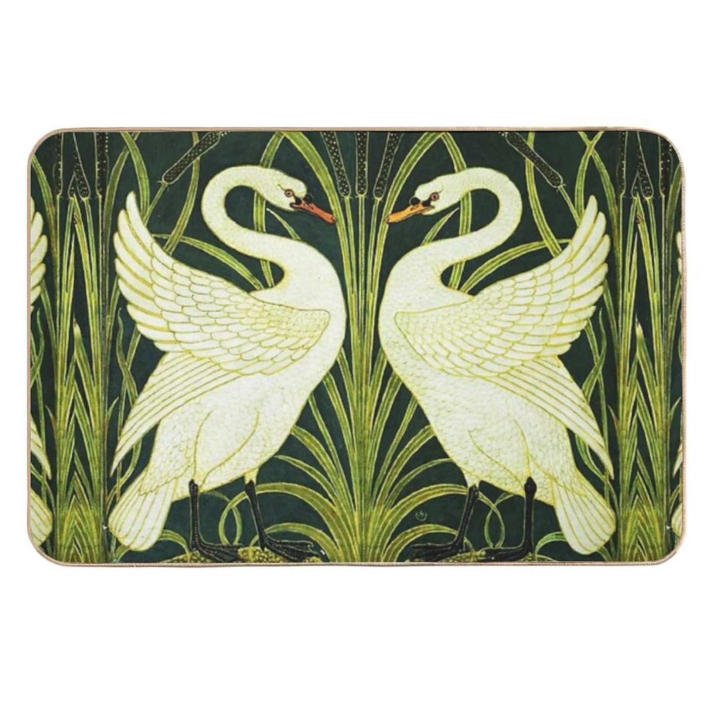 TWO WHITE SWANS AMONG REEDS IN GREEN Art Nouveau Animals  Dirt-Trapping Bath Mat