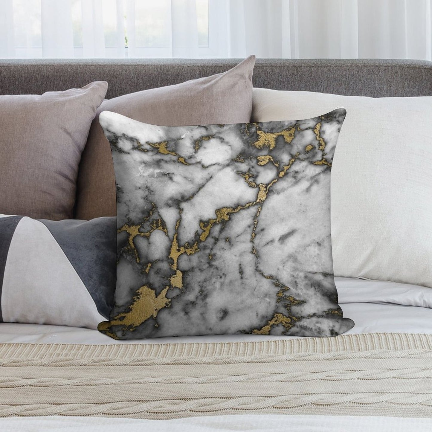 Grey Marble Gold Streaks Phone Case Cover Soft Gift Ready Throw Pillow