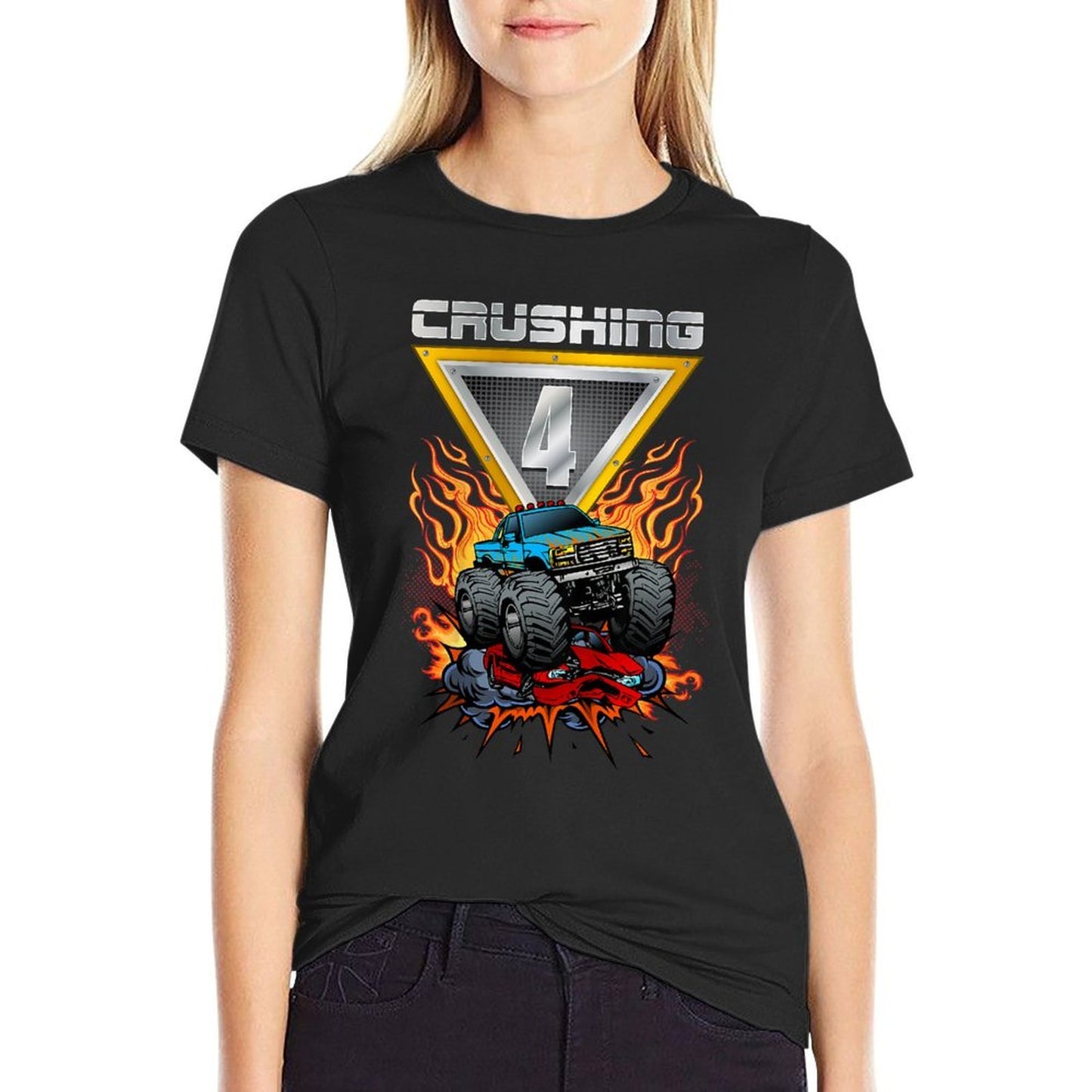 Kids Monster Trucks Crushing 4 Boys 4th Birthday Four Year Old  Heathered Texture T-Shirt