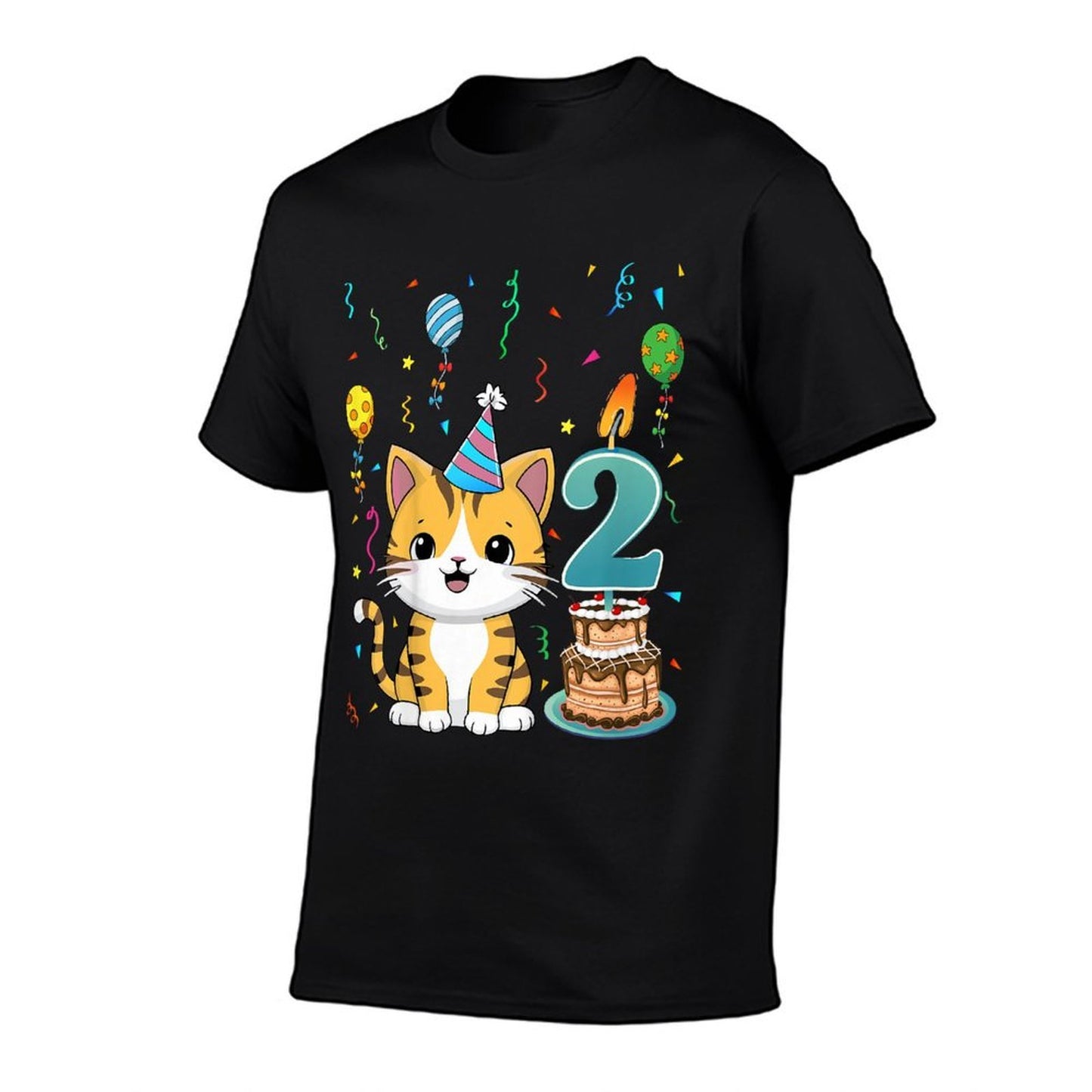 Kids Cute Cat Two Years Old 2nd Birthday Party Cat Lover Kids  Summer-ready Fabric T-Shirt