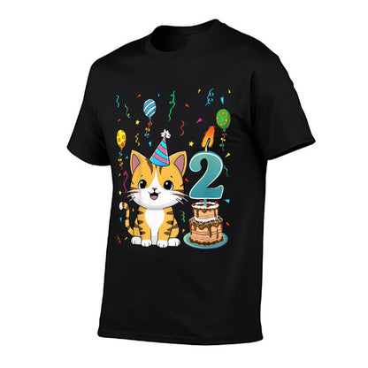Kids Cute Cat Two Years Old 2nd Birthday Party Cat Lover Kids  Summer-ready Fabric T-Shirt