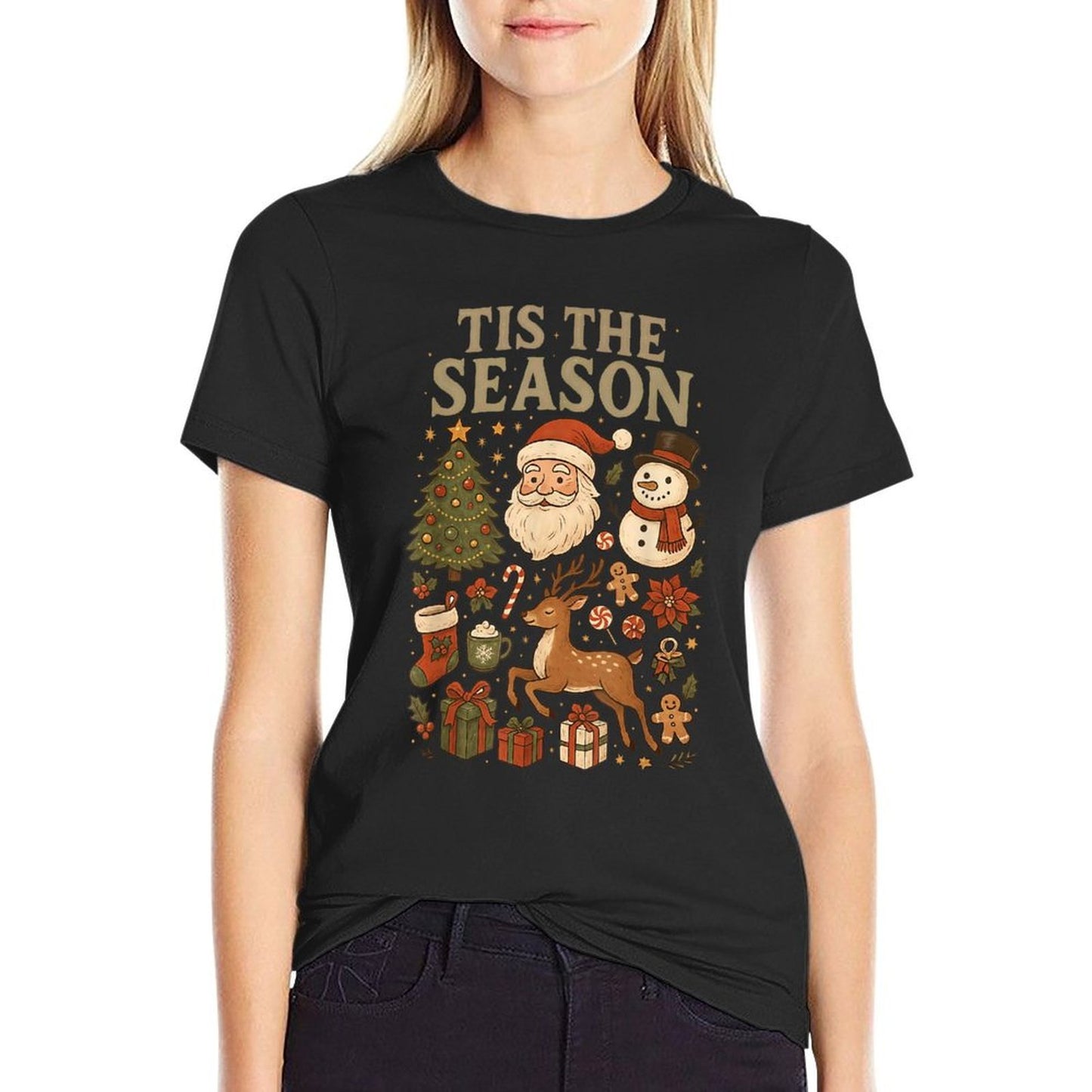 Retro Funny Santa Tis The Season Christmas Doodles Snowman  High-quality Stitching T-Shirt