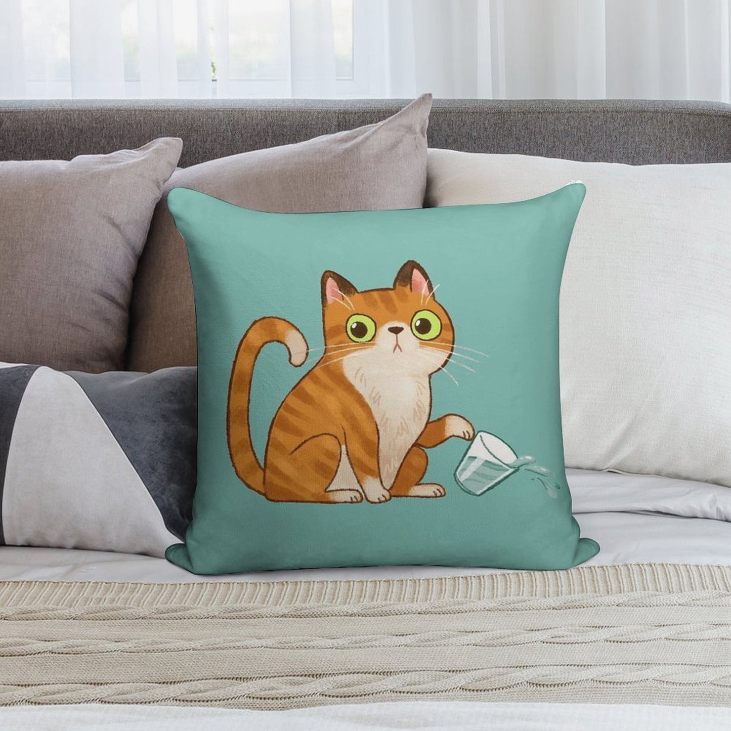 Cat Tipping Glass Soft Skin-Friendly Throw Pillow