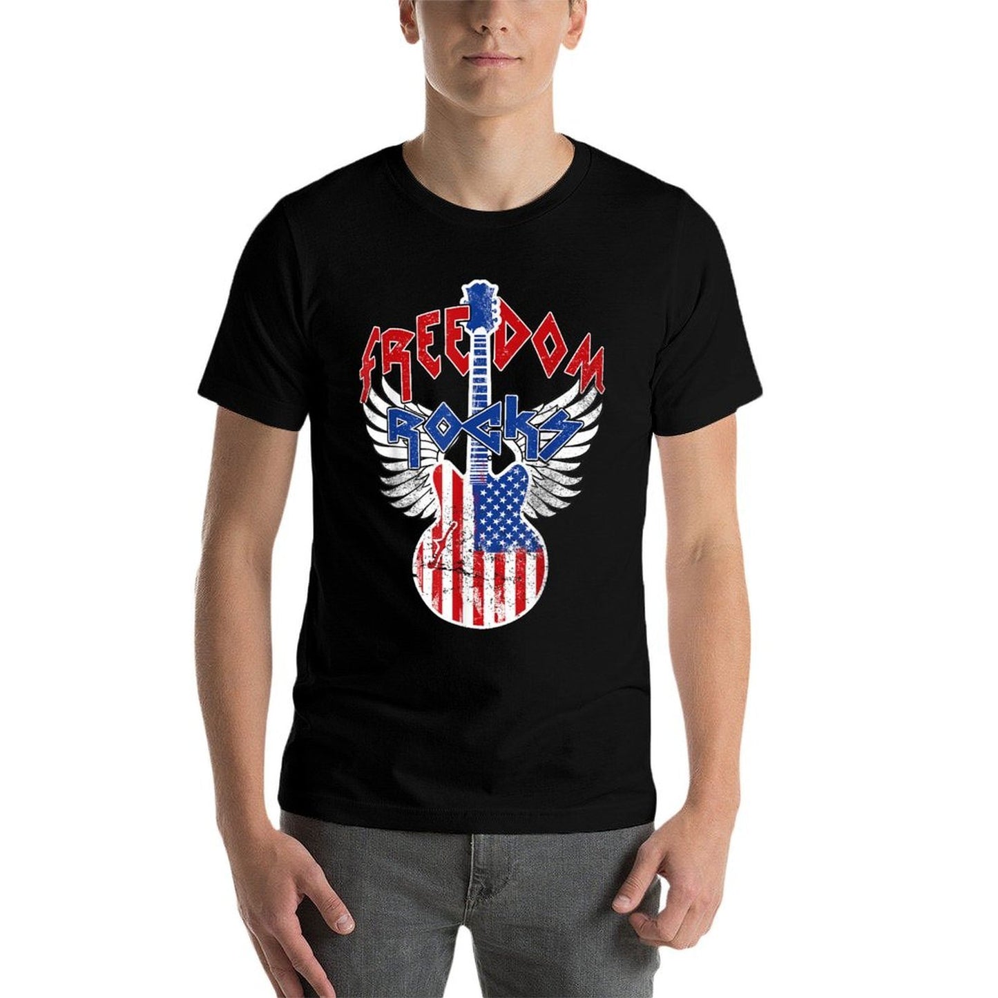 Freedom Rocks 4th of July Patriotic USA Rocks Guitar  Stretchy T-Shirt