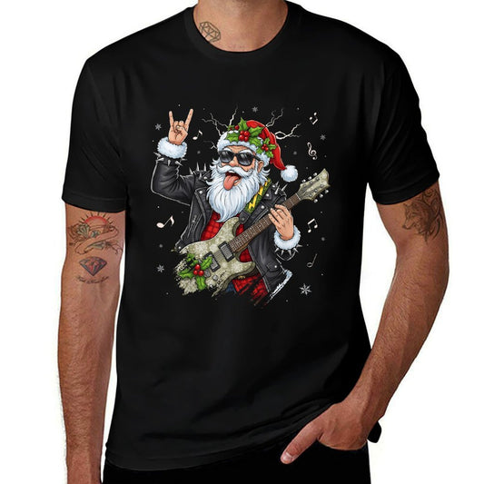 Christmas Rock  Roll Santa Claus Guitar Player Men Women  Easy-care T-Shirt