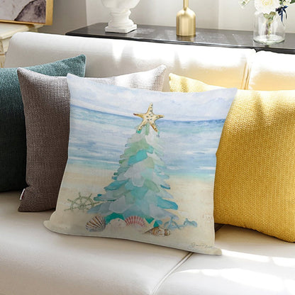 Coastal Seaglass Christmas Tree B Soft Bedroom Essential Throw Pillow