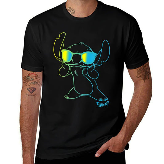 Lilo & Stitch Cool Stitch Neon Outline Chest Portrait Wrinkle-resistant T-Shirt