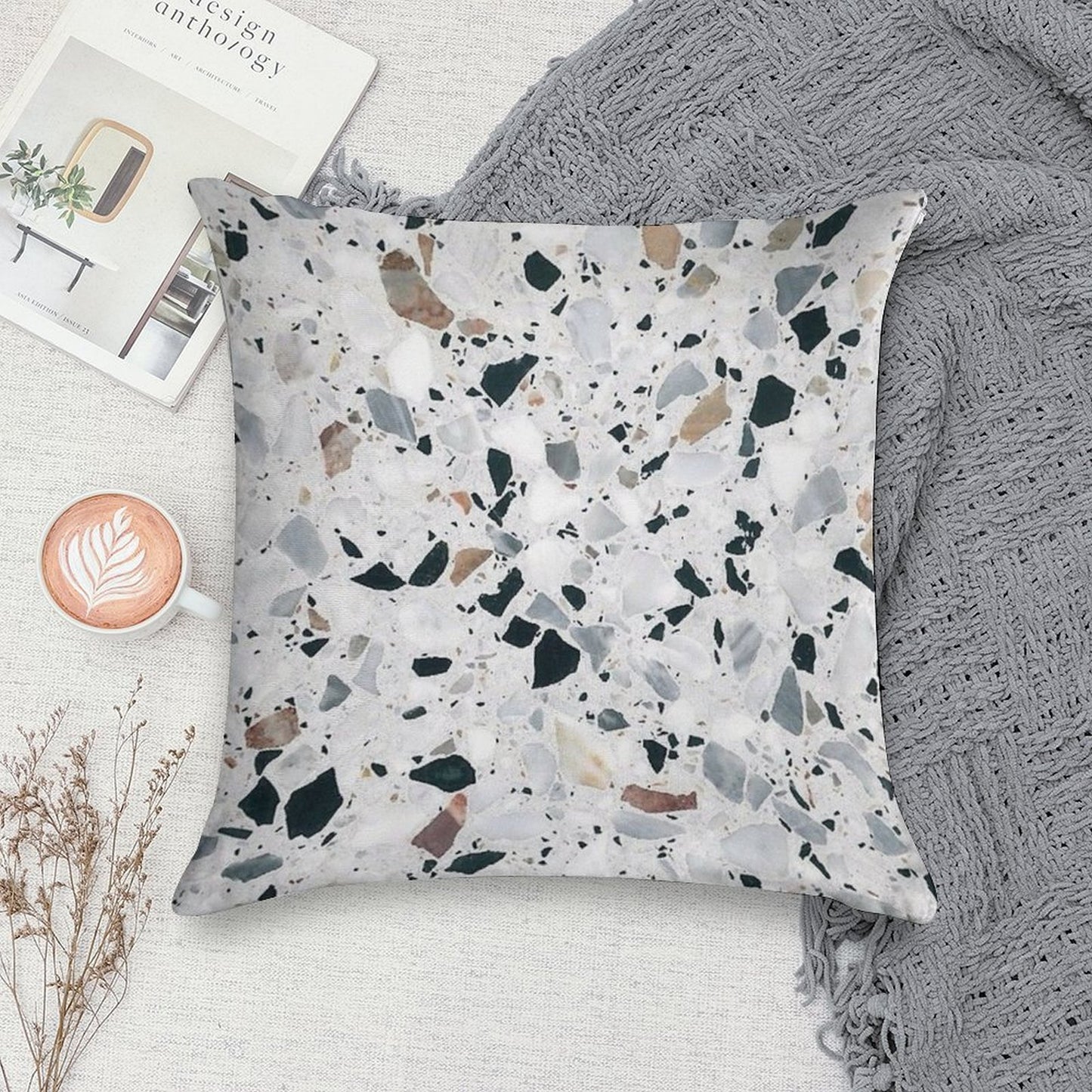 Terrazzo Black, White, Grey And Bronze Soft High-Density Material Throw Pillow