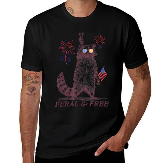 Feral & Free Funny Patriotic Racoon Feral And Free 4th July Trendy Pattern T-Shirt