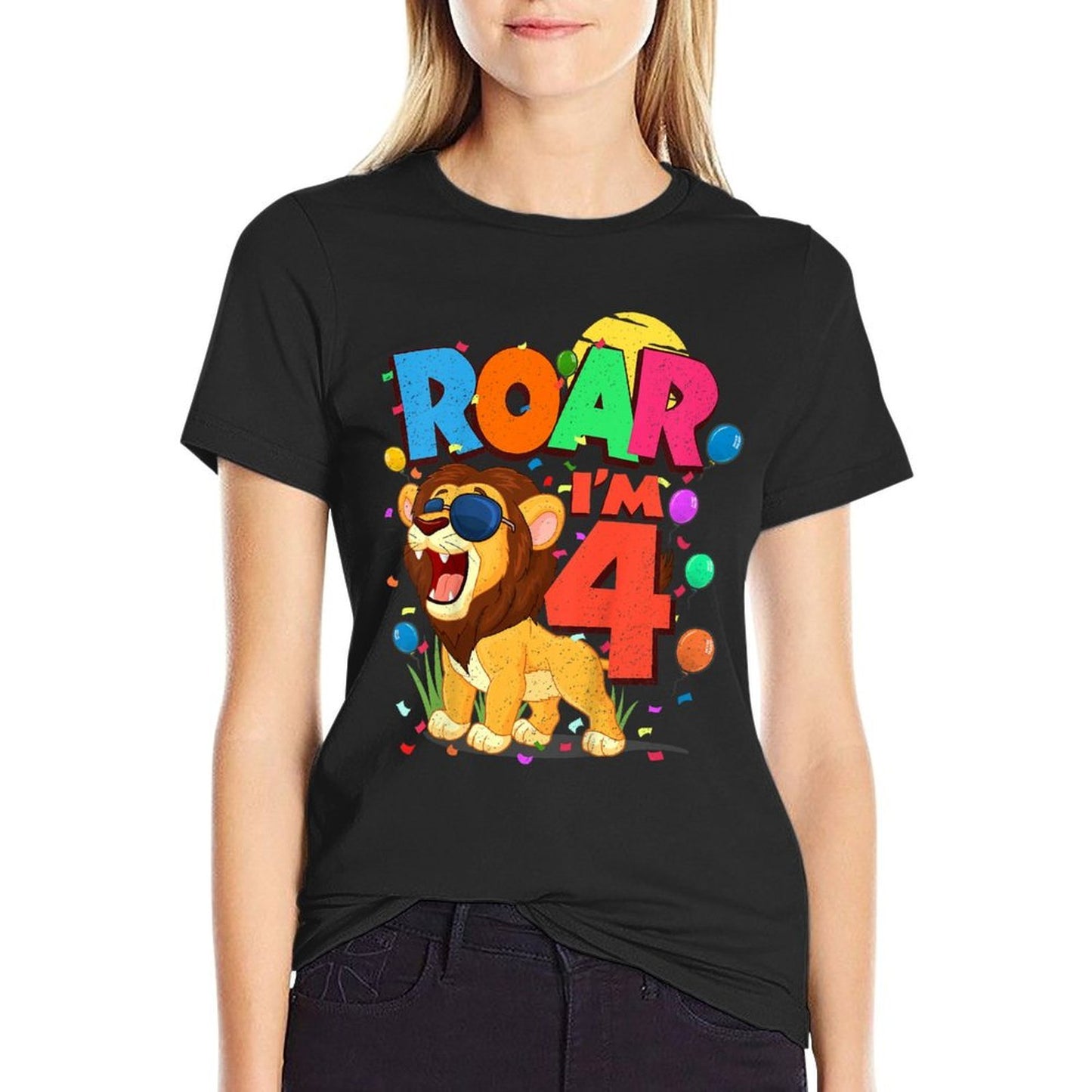 Kids 4th Birthday ROAR I'M 4 Year Old Boys Lion Safari Gift  Summer-ready Fabric T-Shirt