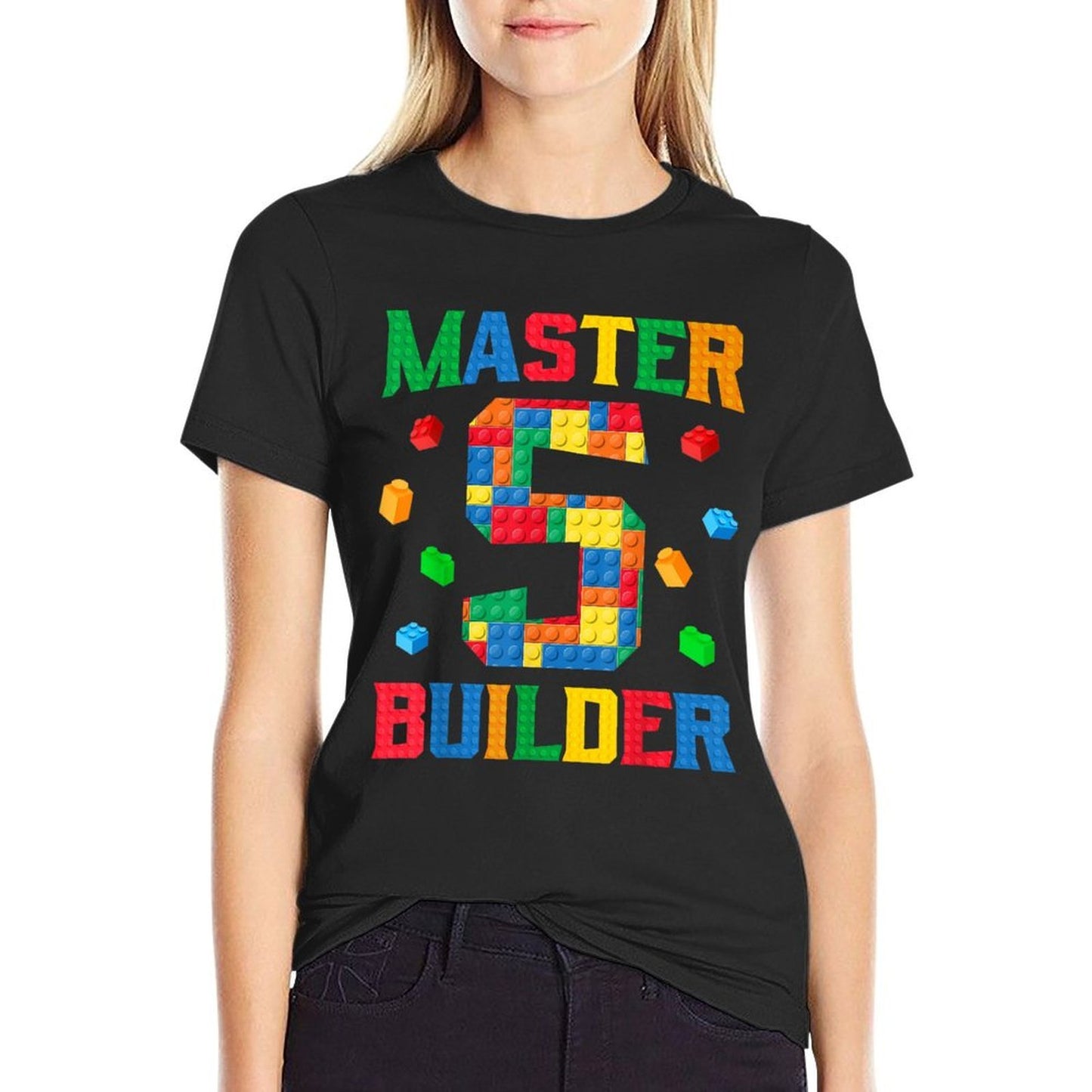 Master Builder 5th Birthday 5 Year Old Brick Building Blocks  Polyester Blend T-Shirt