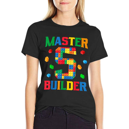 Master Builder 5th Birthday 5 Year Old Brick Building Blocks  Polyester Blend T-Shirt