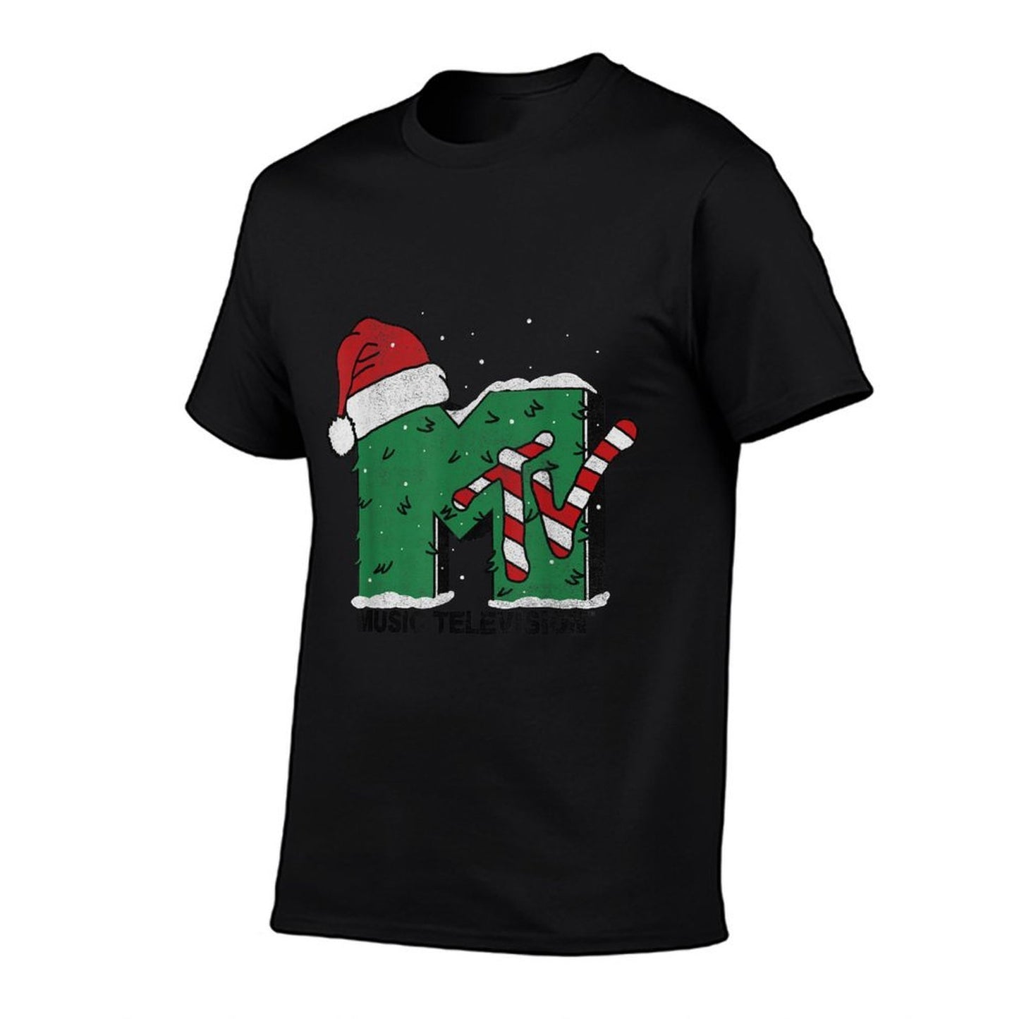 MTV Logo Christmas Tree Santa Hat Colors Graphic  Rolled Sleeves T-Shirt